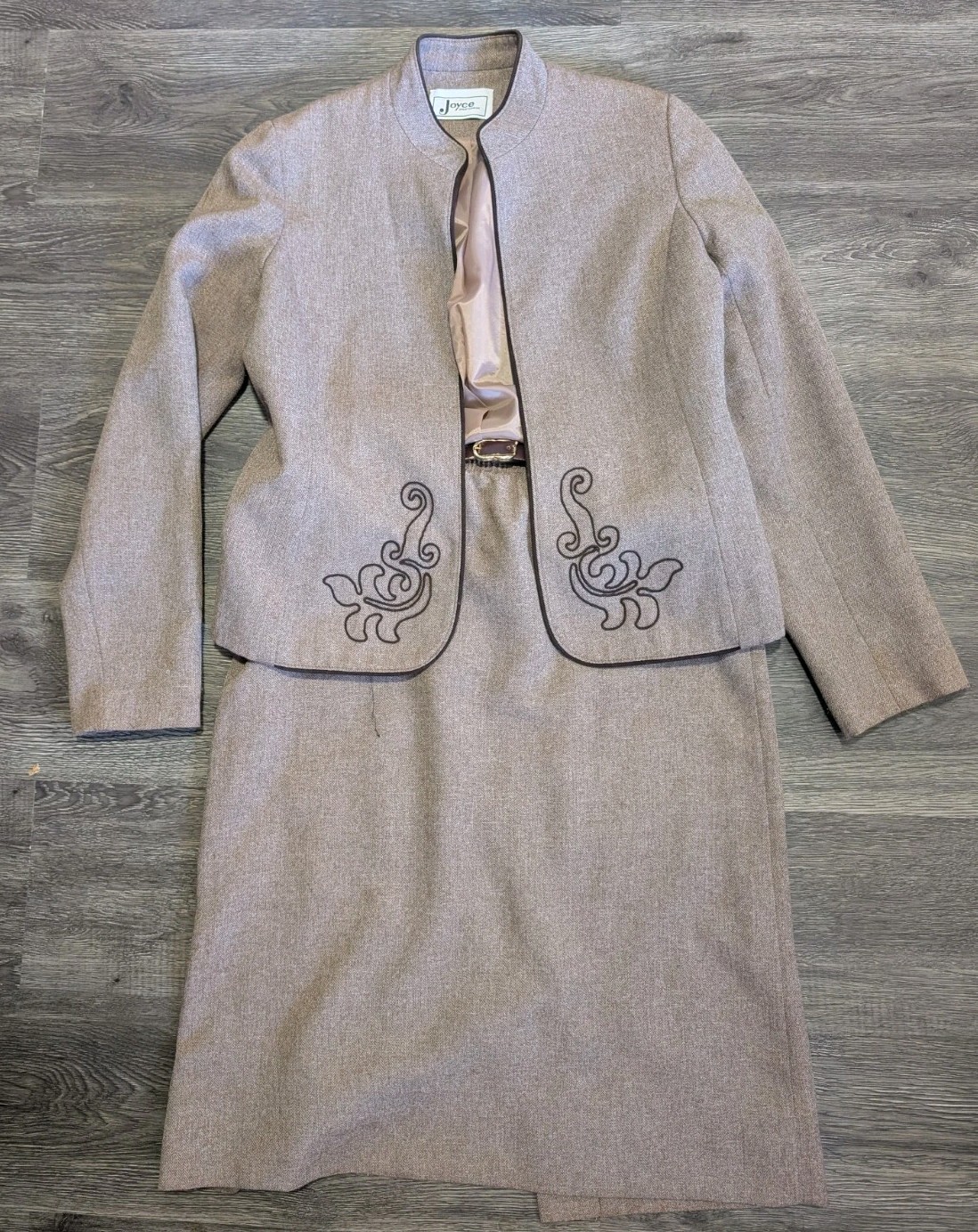 Vintage Joyce Sportswear Skirt Suit Set – Taupe with Soutache Embroidery – Size