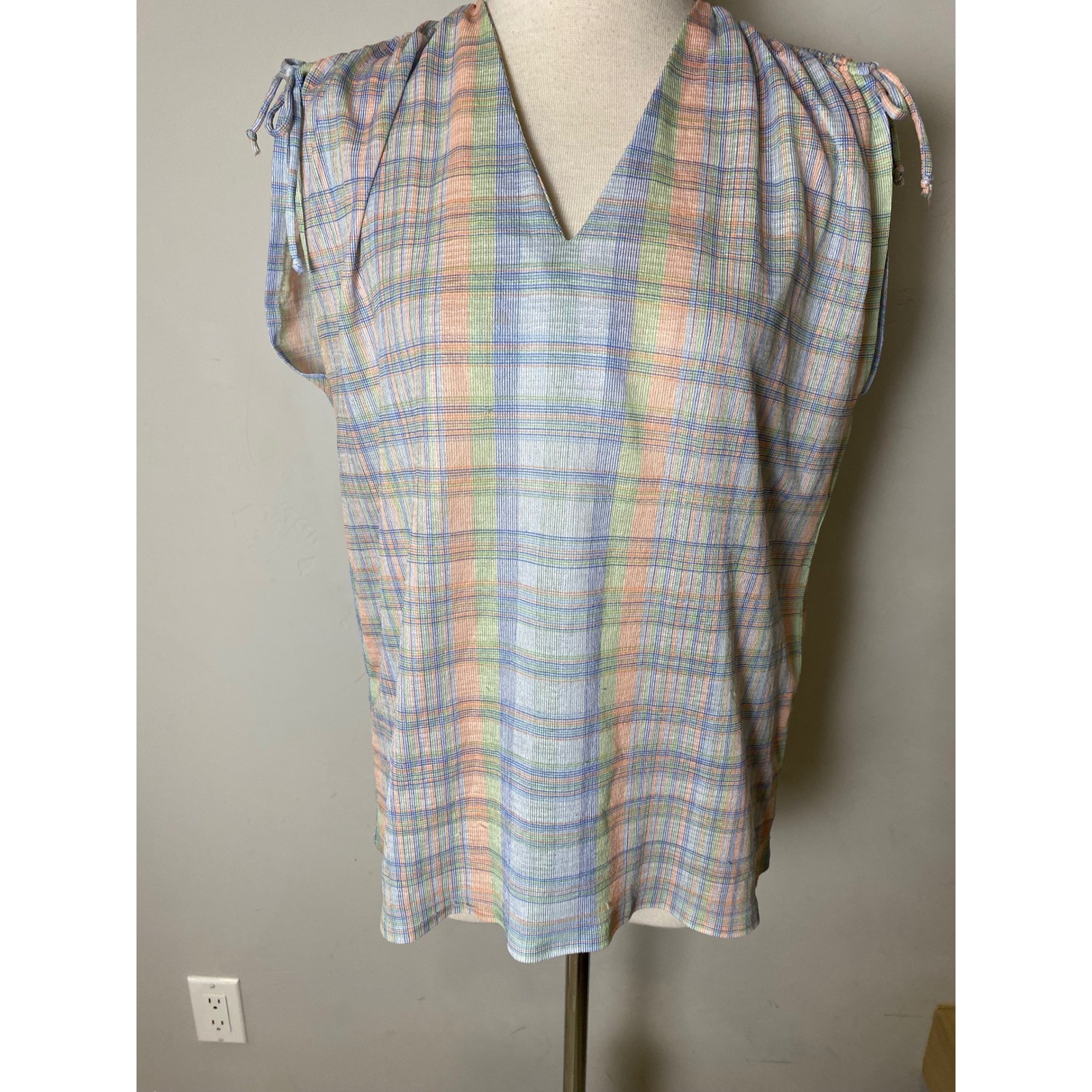 Vintage 70s Plaid V-Neck Sleeveless Blouse Pastel Tie Shoulder Top Multi-Color