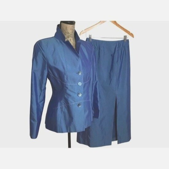 Vintage TRIXI SCHOBER Cobalt Blue Silk Blend Power Suit Skirt Set Germany S 8