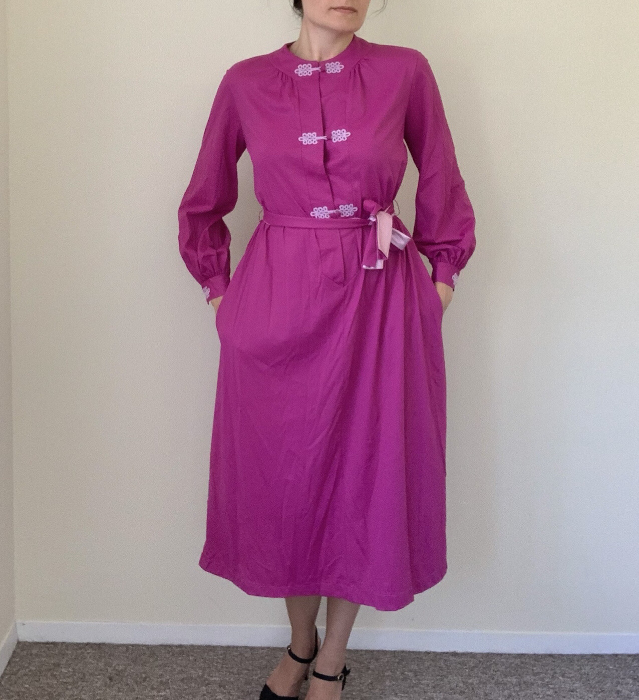 VINTAGE Asian Style Mandarin Nightgown Nylon Purple House Dress Lounge 60s 70s
