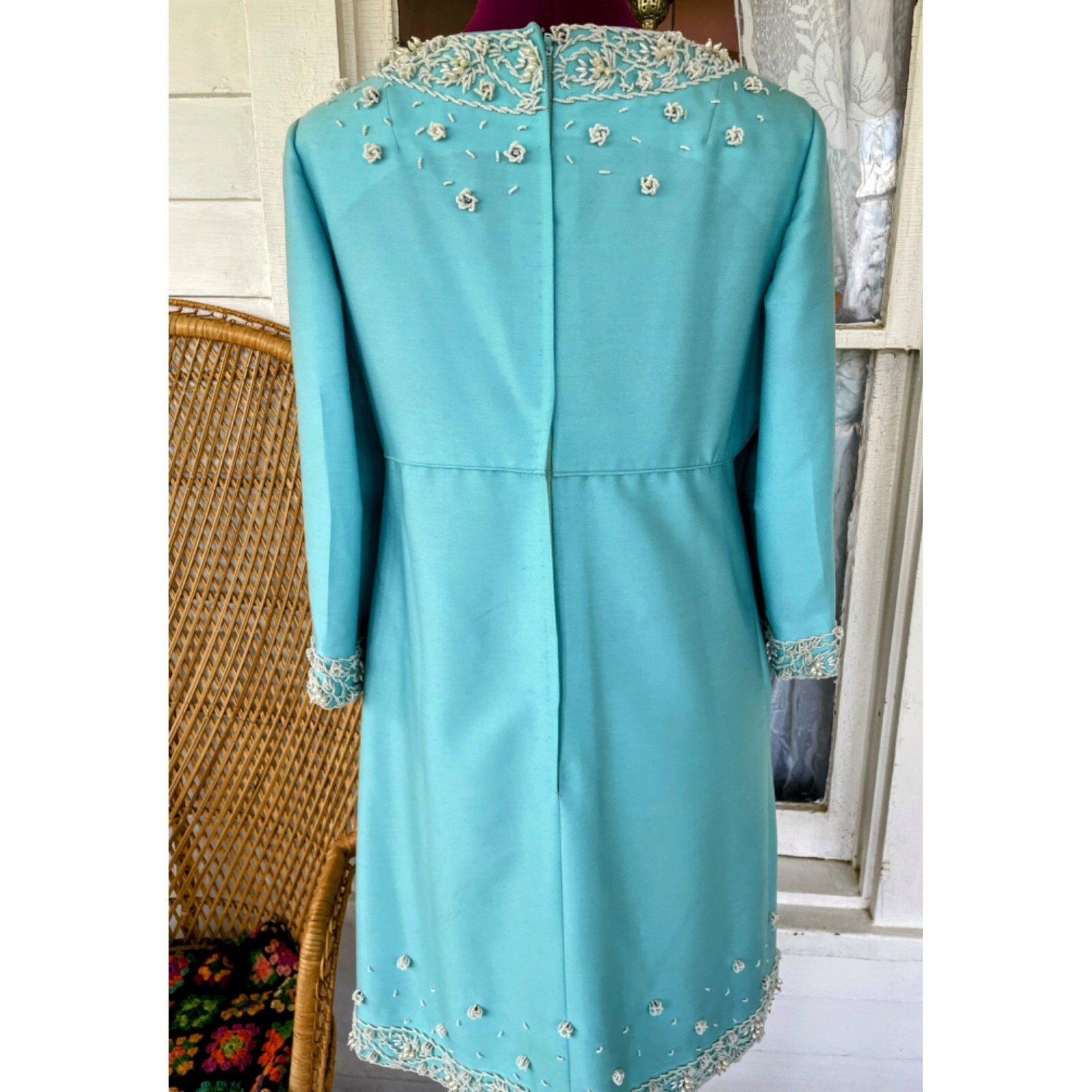 Vintage 1960s Blue Heavy Beaded Silk/wool Blend Midi Dress