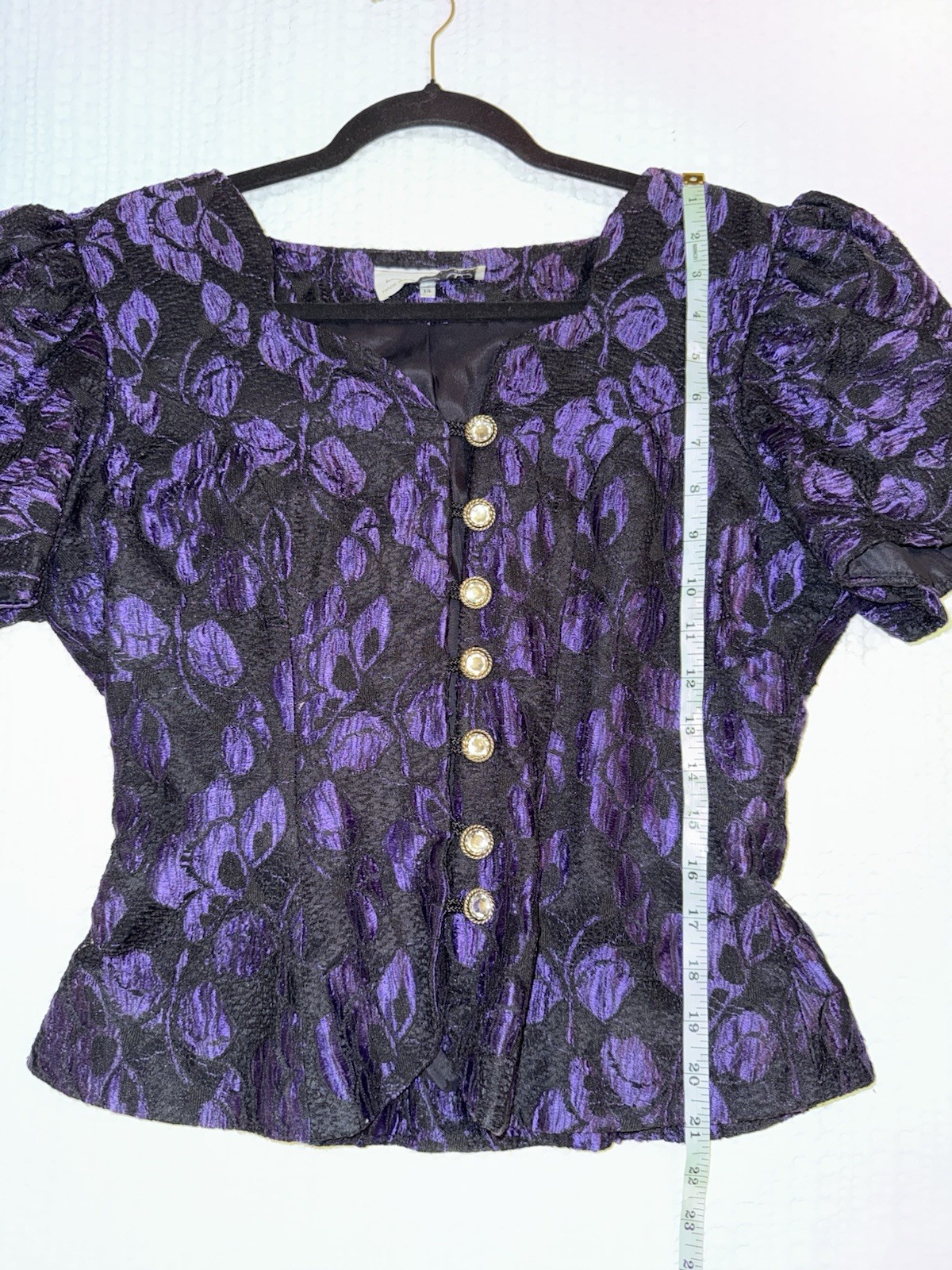Roots Of London Vintage 80s Glam Puff Sleeve Glitter Top Purple buttons 10