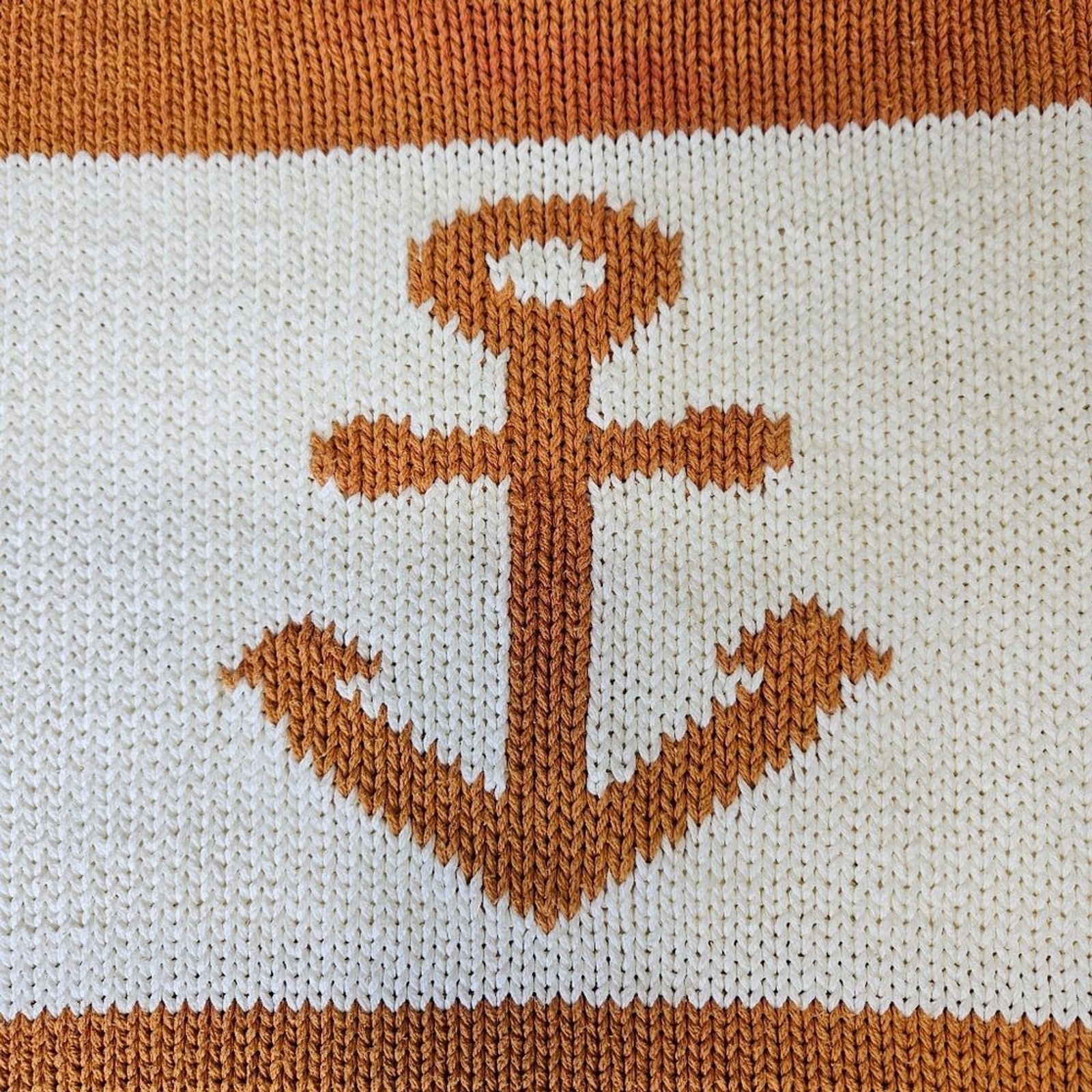 J.G. Hook Vintage Nautical Anchor Rust Cream Stripe Boatneck Cotton Knit Sweater