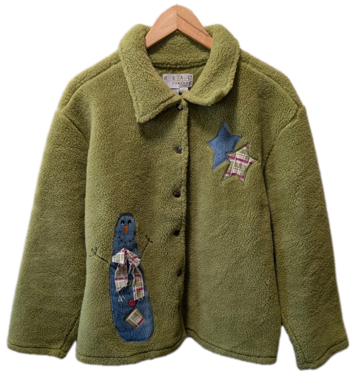 VTG 90s REAL Comfort L Green Sherpa Fleece Jacket Coat Snowman Star Applique