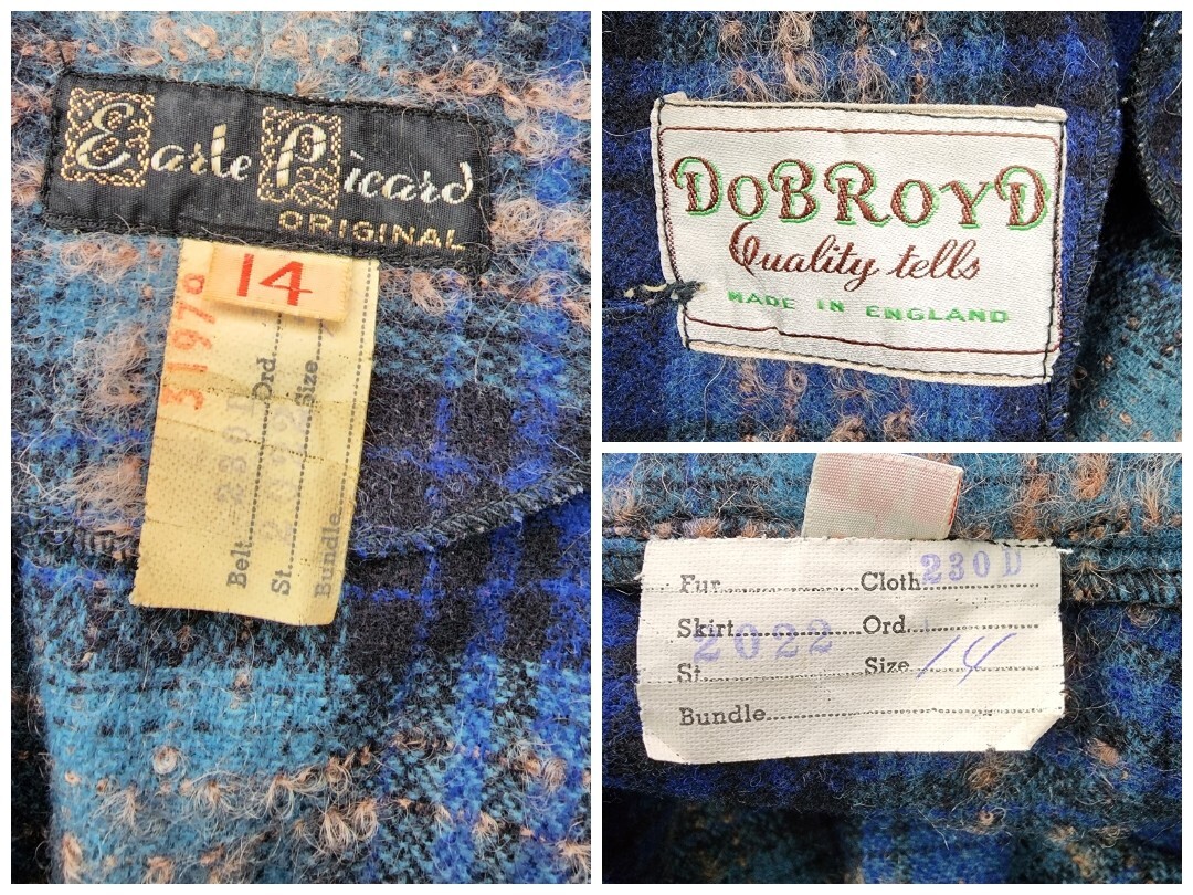Vintage 40s 50s Earle Picard blue wool tartan plaid jacket skirt suit set S