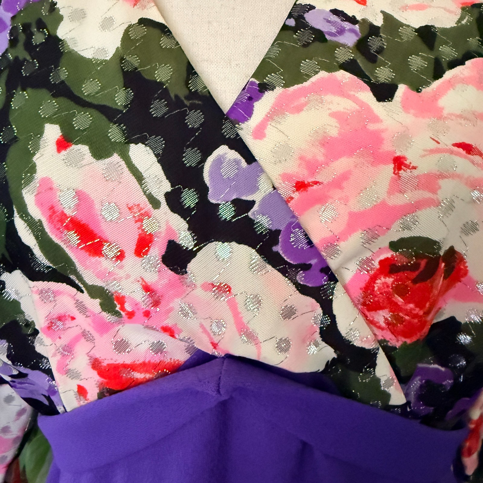 Vintage Purple Floral Hostess Gown Empire Waist Maxi Dress Silver Lurex Dots