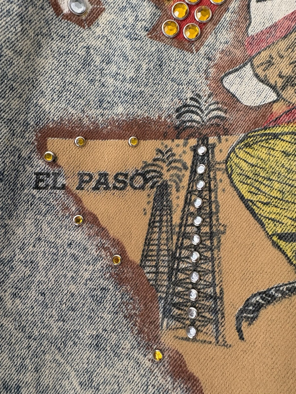 Vintage 80s/90s Denim Texas Jacket Hand Painted Graphics Rhinestone Studs