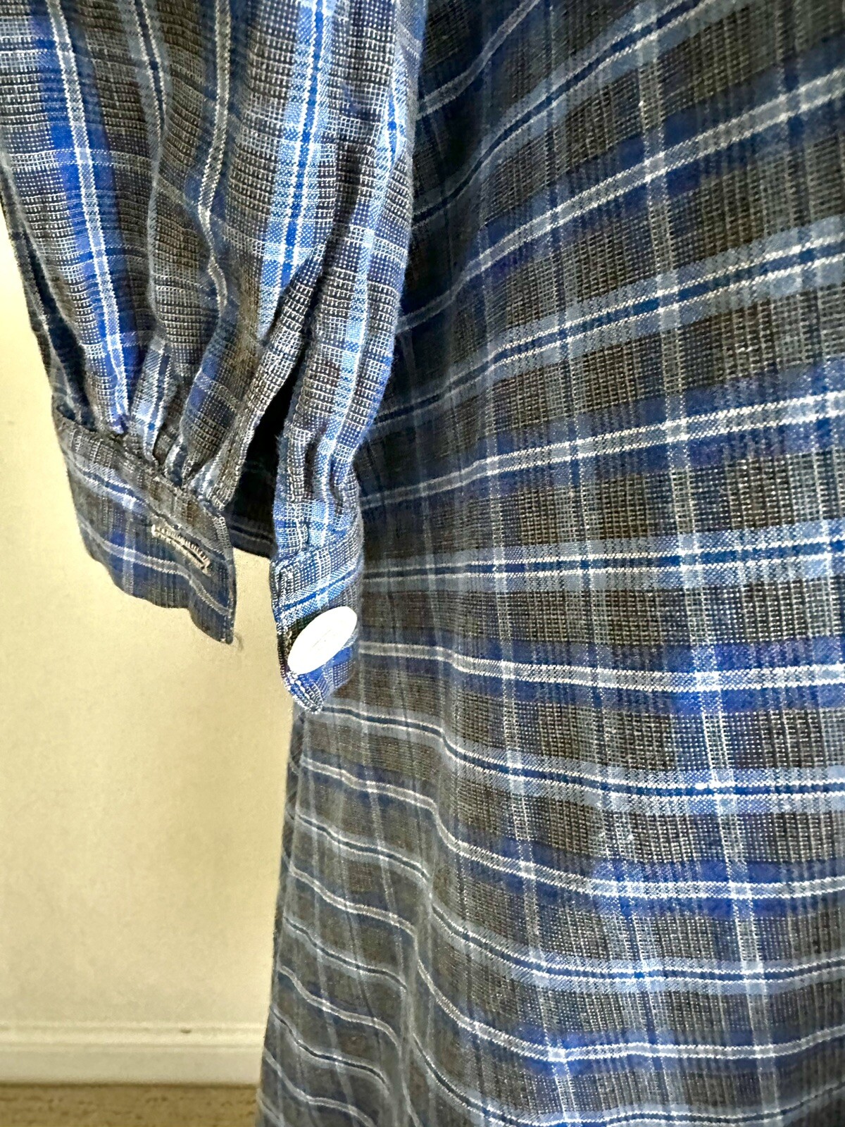 Vintage Handmade Prairie Dress Modest Homespun Blue Plaid Cotton Midi S/M