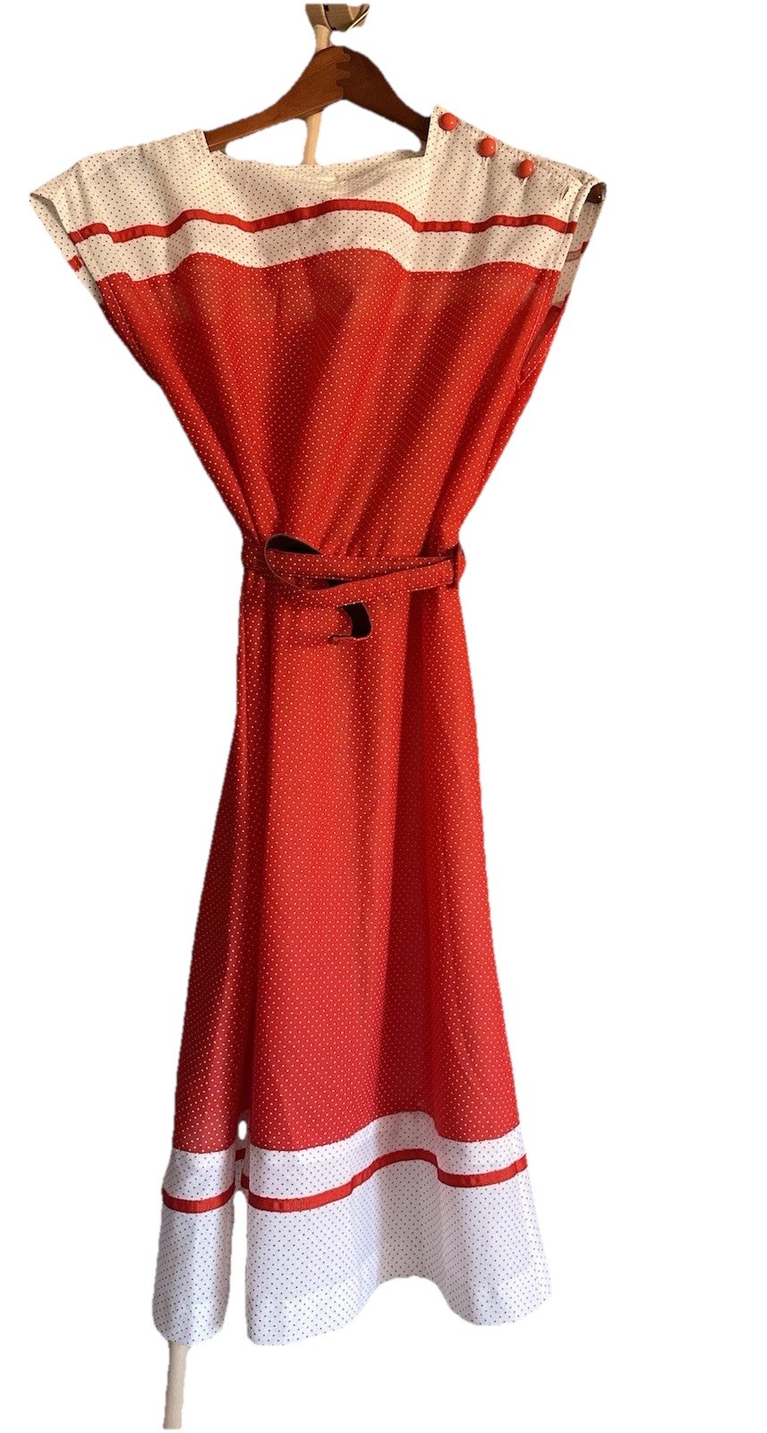 Vintage 1950’s/1960’s Red & White Polka Dot Mid Length Dress With Belt S/M