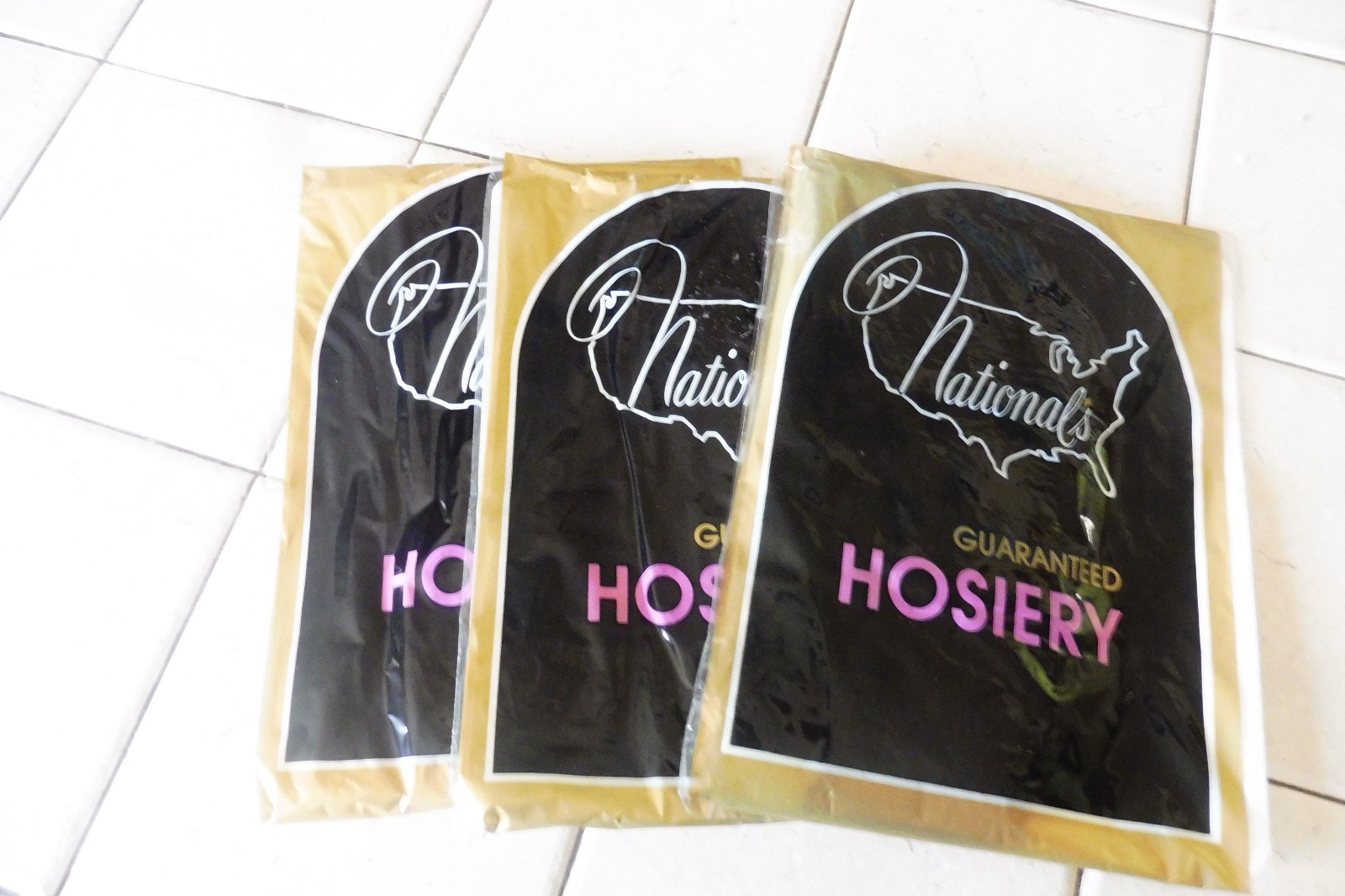 NIP NOS VINTAGE 3 PR NATIONAL’S NYLON PANTY HOSE SIZE B PINK / LAVENDER / BROWN