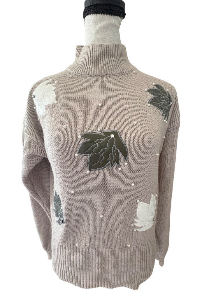 VTG 80’s Croquet Club Mock Neck Sweater Leaf Applique Faux Pearl Grandmacore M