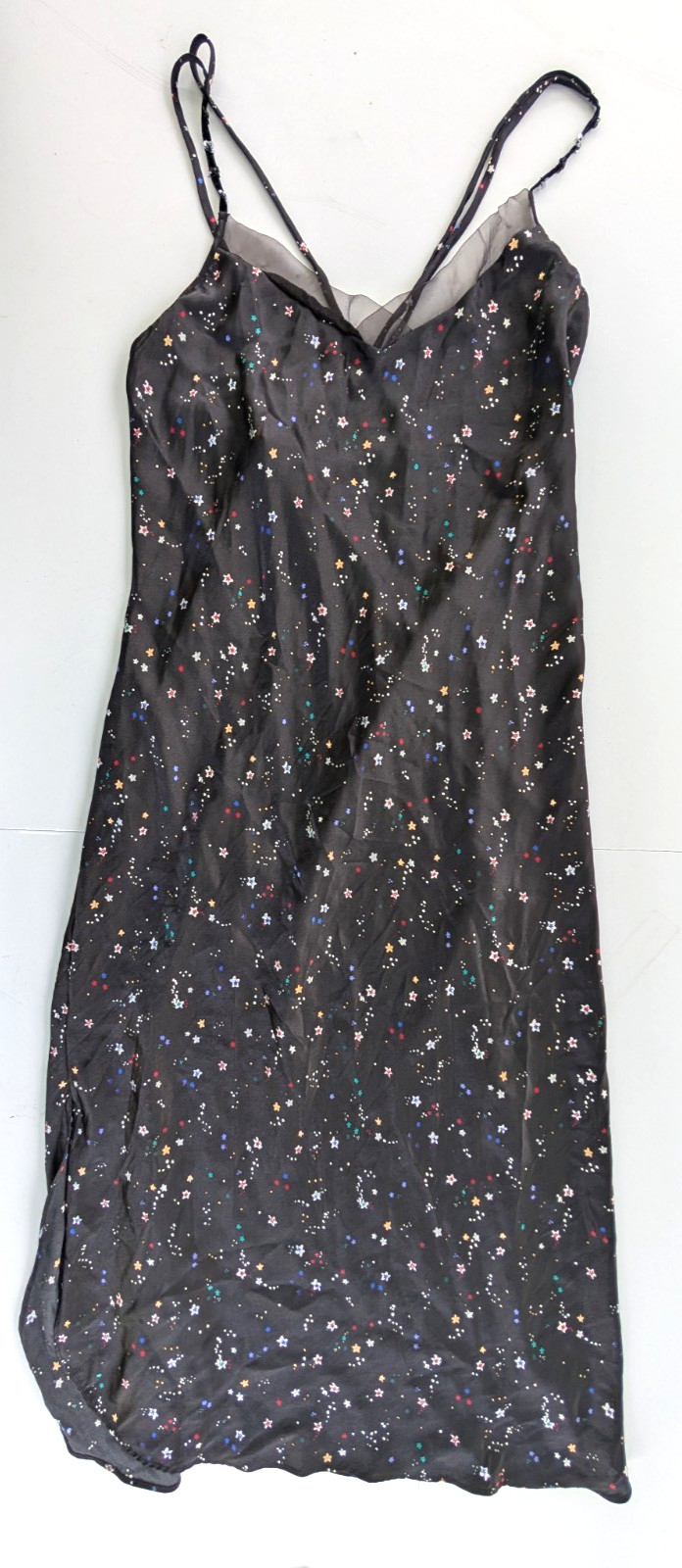 Vtg 90s Inner Most Black Satin Star Print Slip Dress Chemise Midi XL Y2K Beaded