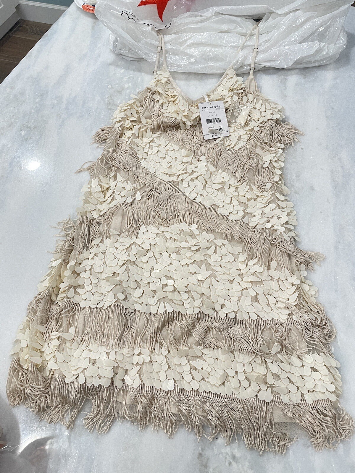 Free People Dress Size 10. Cream & White•Sequins & Sparkly Fringe•NWT•Macys