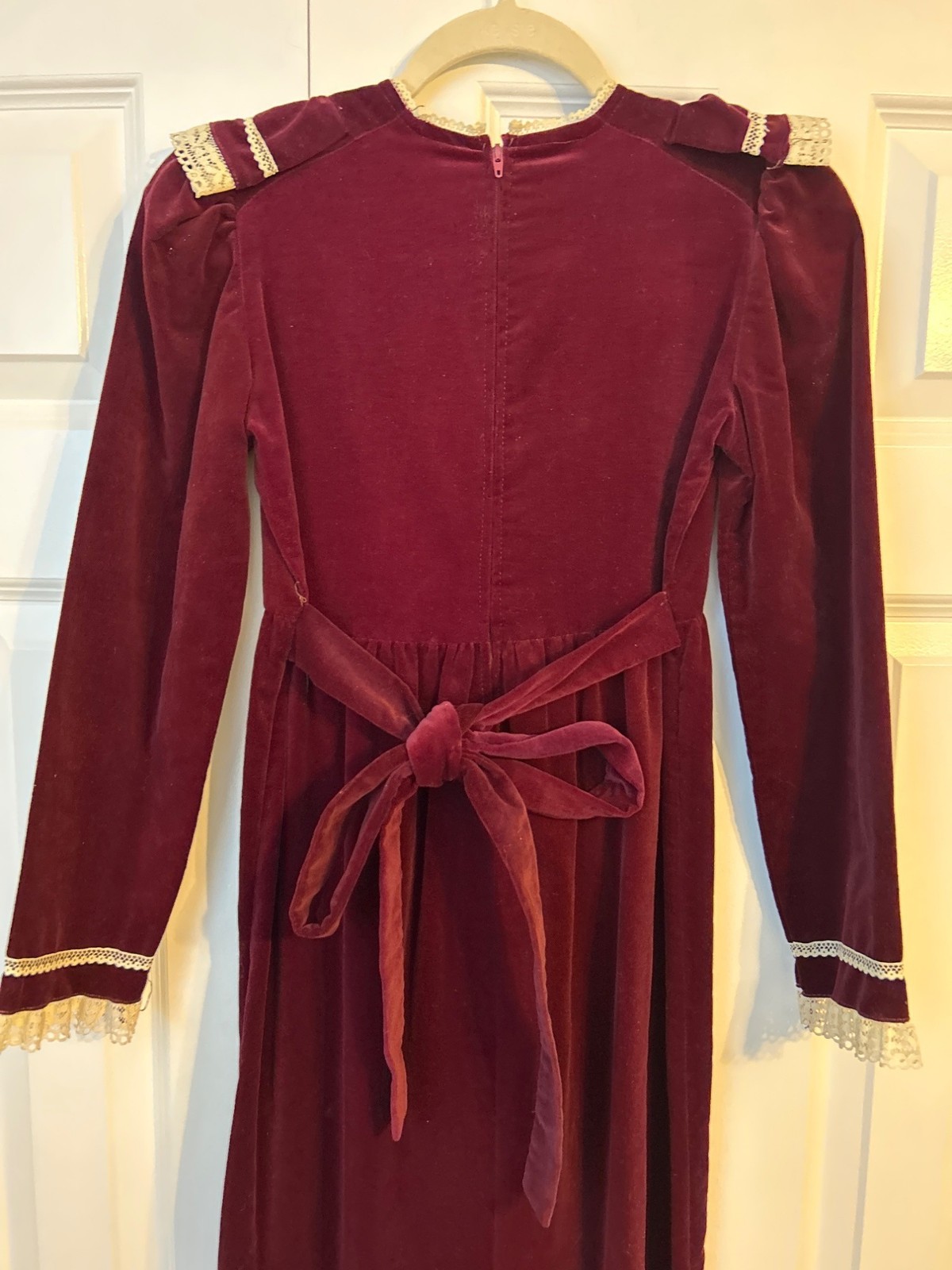 Vintage Burgundy Velvet Prairie Dress Lace Trim & Bow Detail Long Sleeve Ruffle