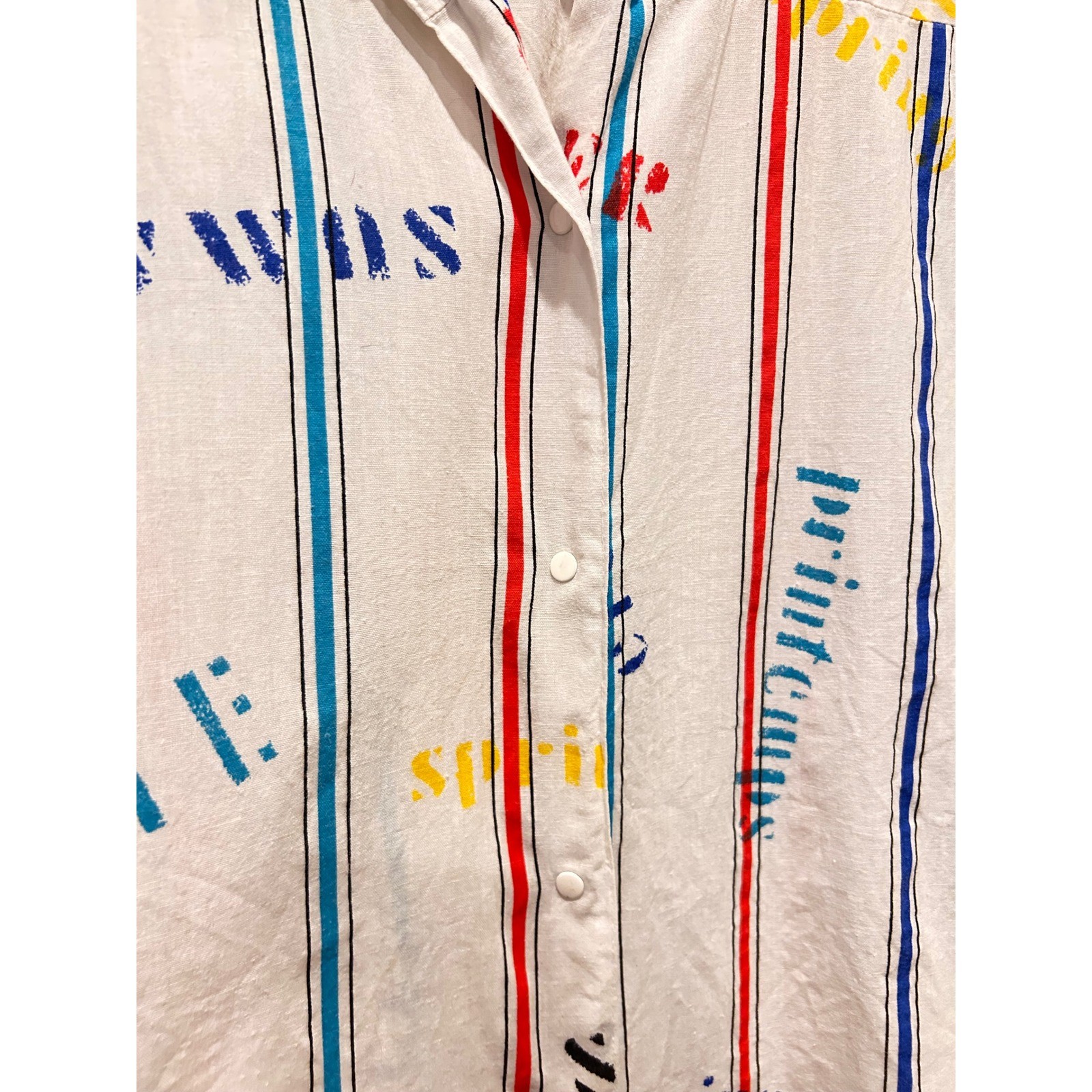 Vintage Cos Cob Women 12 White Striped Novelty Print Button Down Cap Sleeve Top