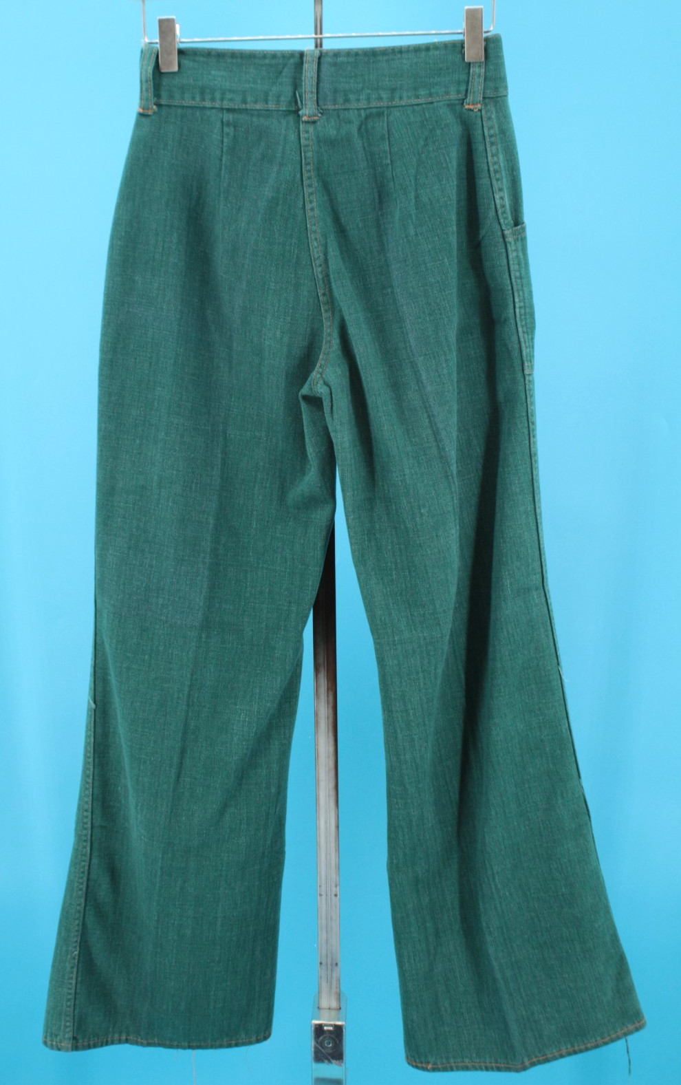 VTG Womens 70s Hunter Green Denim Snap Button Fly Bell Bottom Jeans Sz 28″ 1970s