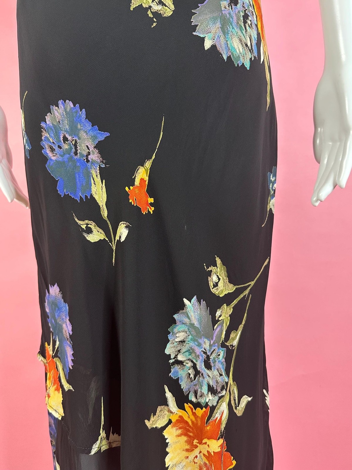 1990s-Y2K LAPIS Semi Sheer Tiered Ruffle Floral Sleeveless Maxi Slip Dress. SM