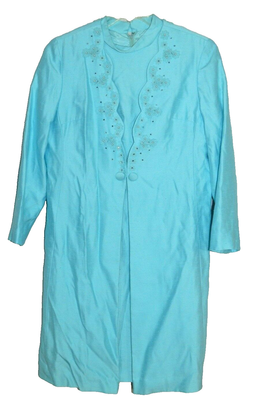 1960s Alfred Werber Blue Pearl Rhinestone Embellished 2 Piece Dress Jacket Set