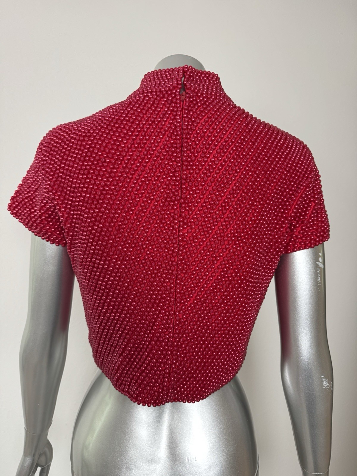 Vintage Cache Red Pearl Beaded Top 80s 90s Mock Neck Editorial Glam Sz 8