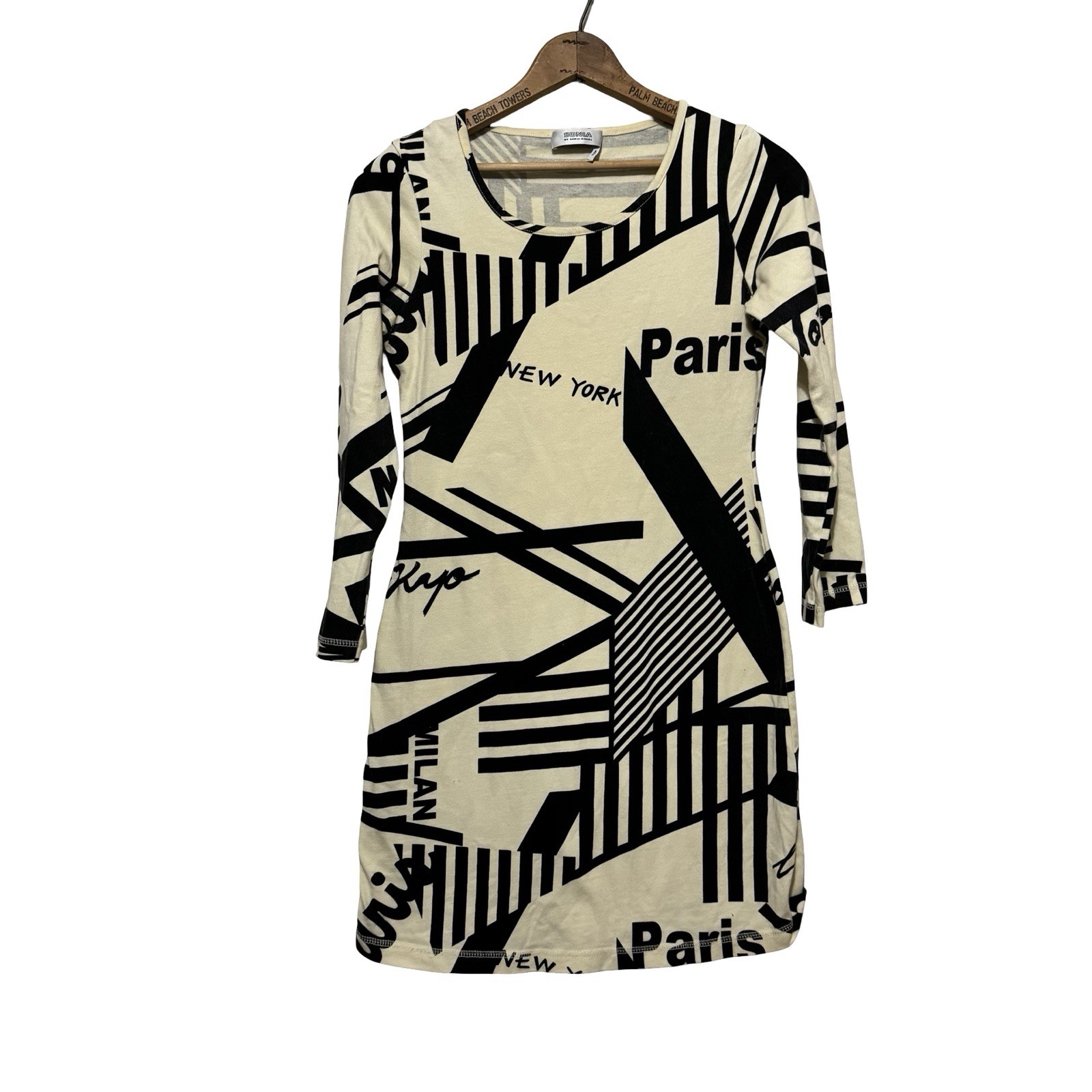 Vintage 90s Sonia Rykiel Dress Bodycon Cities Geometric Size Small black white