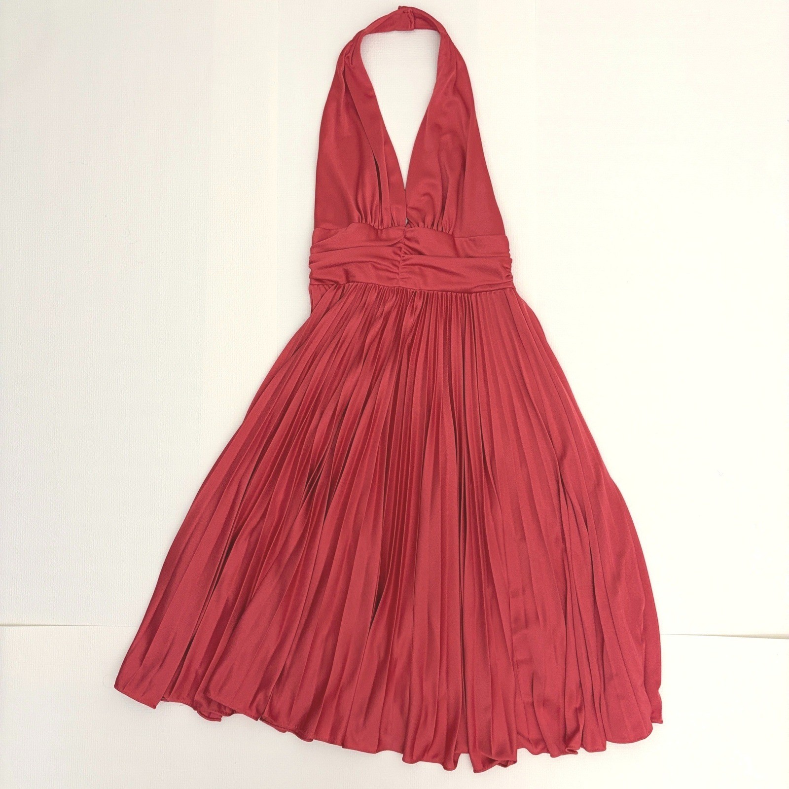 Vintage Halter Dress Pleated Ruched Plunge Red Size M L38 W15