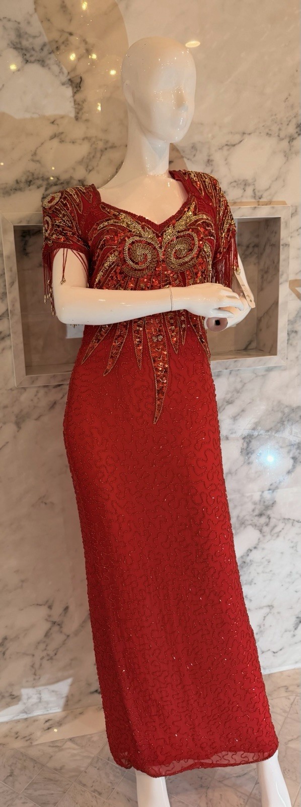 Vintage Baluchi Red Silk Beaded Sequin Gown Dress S Fringe Shoulder Formal Prom