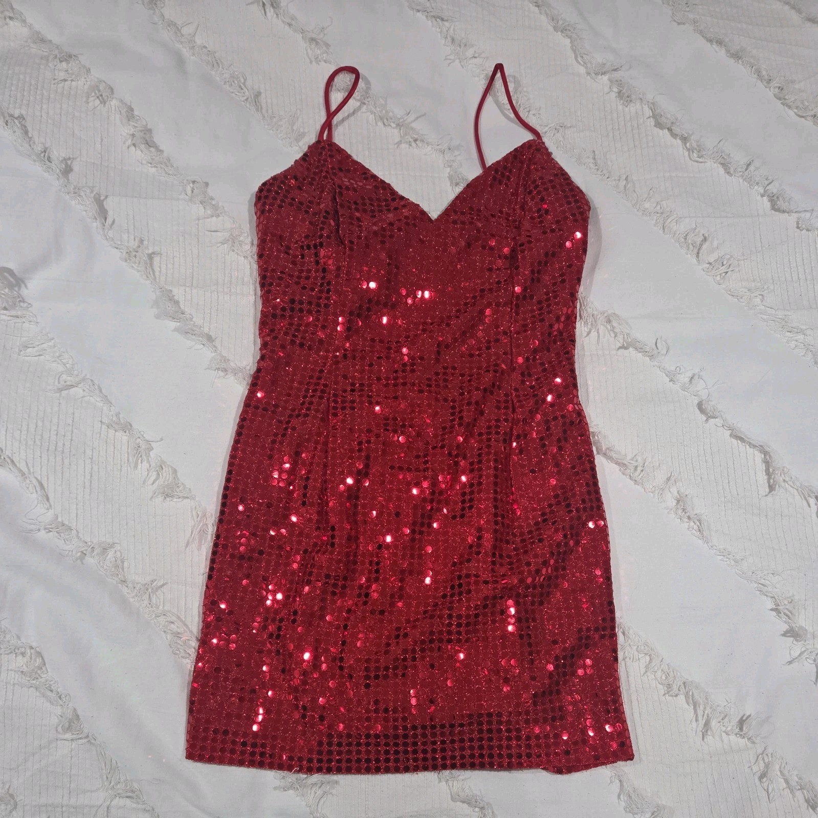 Vintage Roberta Sequin Dress Size 7/8 Red Mini Party Glam 80s V-neck Bodycon
