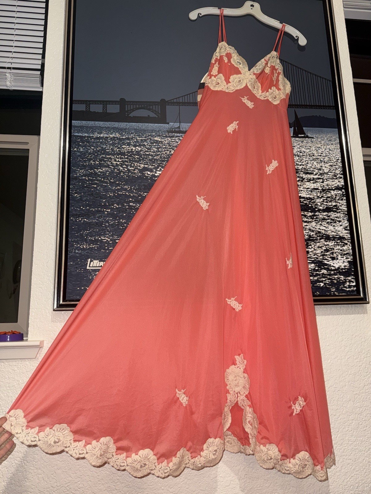 Vintage 1960s 1970s Maxi Floral Lace Duster Slip Dress, Full Sweep Vanity Fair