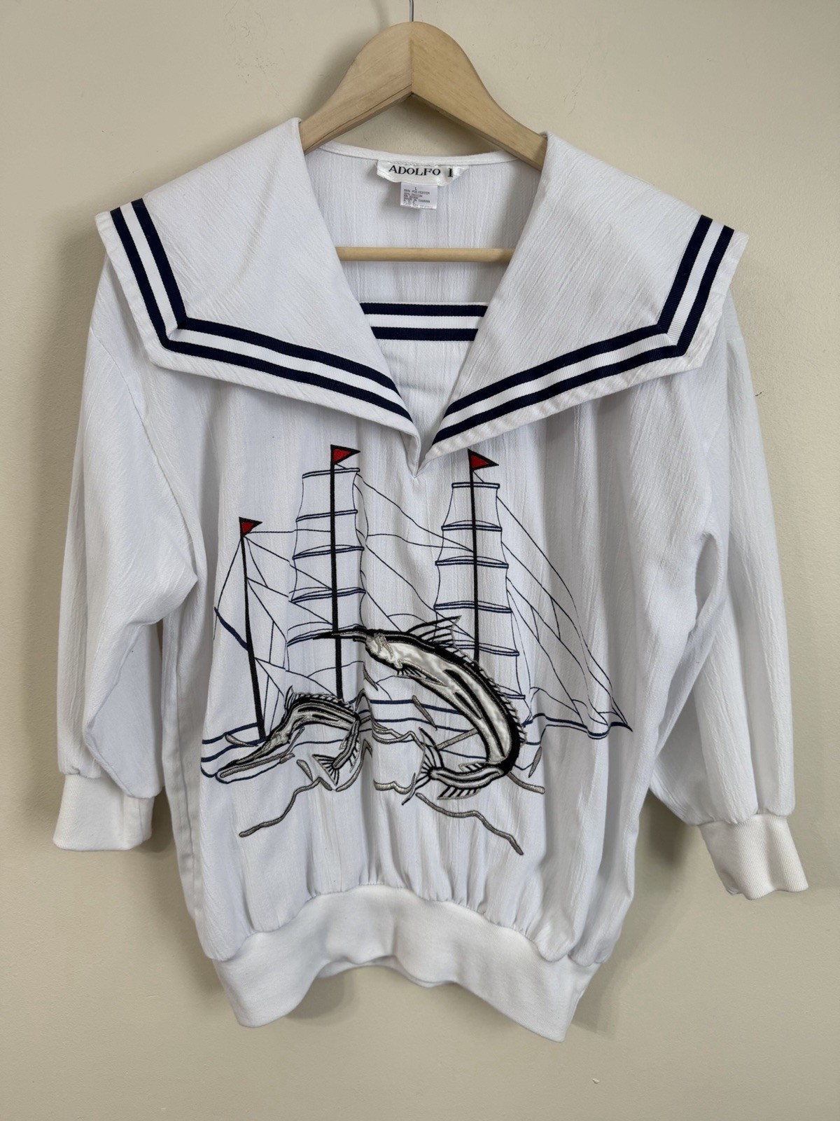Vintage 80 Embroidered Adolfo Nautical Sailor Sail Boat Swordfish Marlin Top L