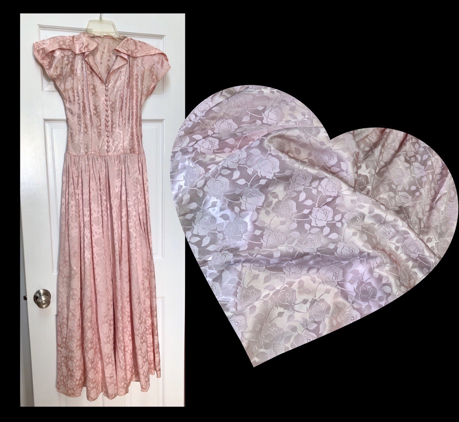 VTG 1940s RAYON SATIN Jacquard COTILLION GOWN w/VINING ROSE BLOSSOMS Print XXS