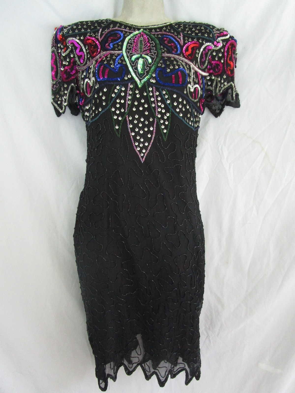 Vtg 80s Sweelo Silk Beaded Sequin Cocktail Party Teardrop Back Dress NEEDS ZIP