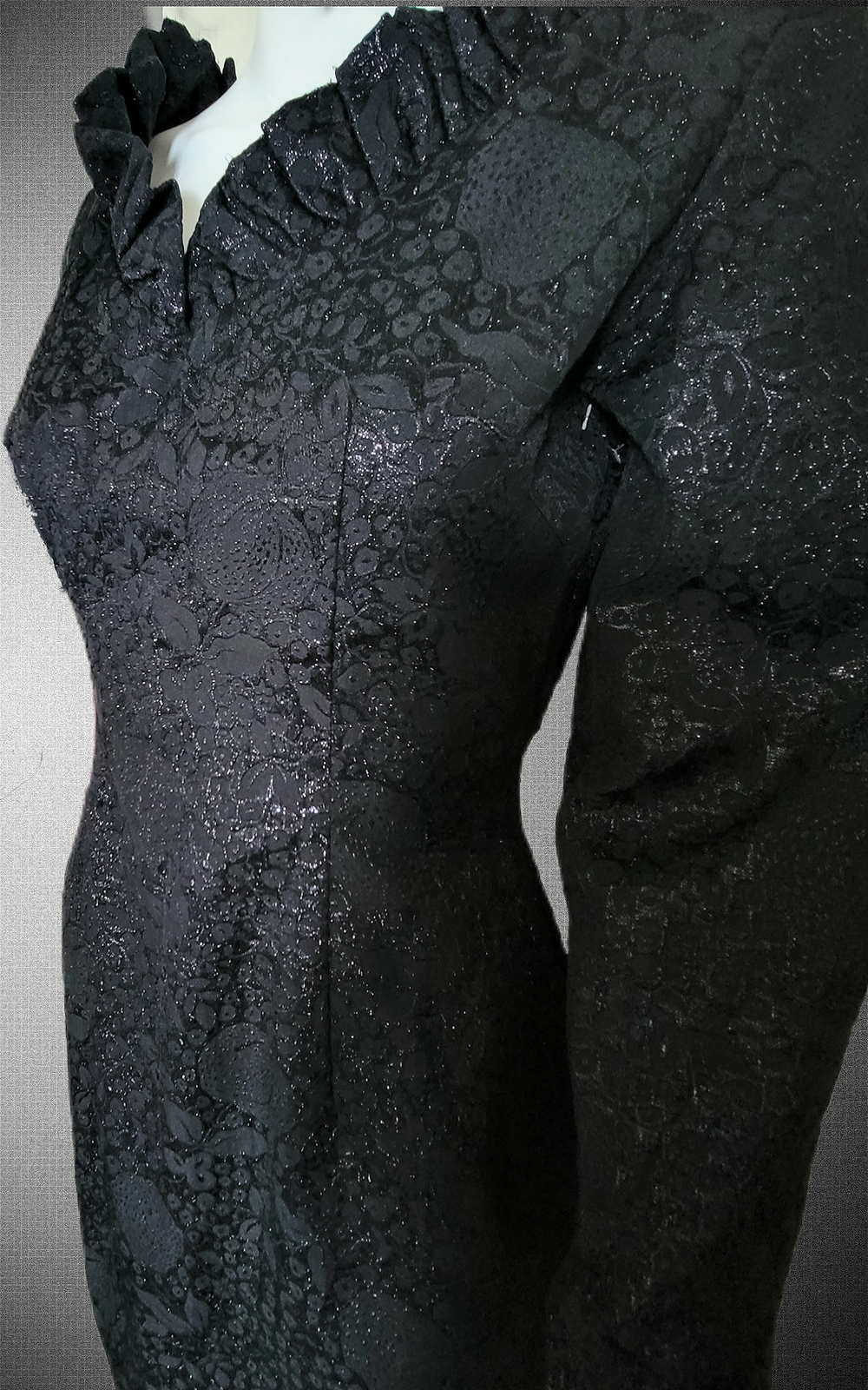 Vtg Bombshell Black Jacquard Wiggle Pencil Dress Princess Seams OOAK 36 26 36 T