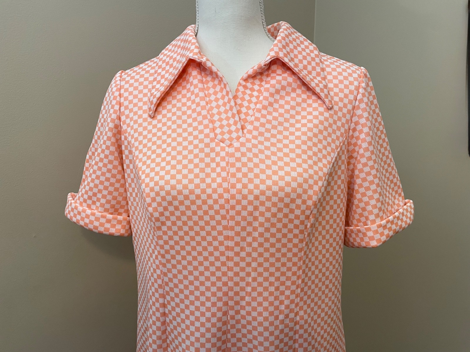 Vintage 1970s Orange & White Checkered Shift Dress – Size Medium