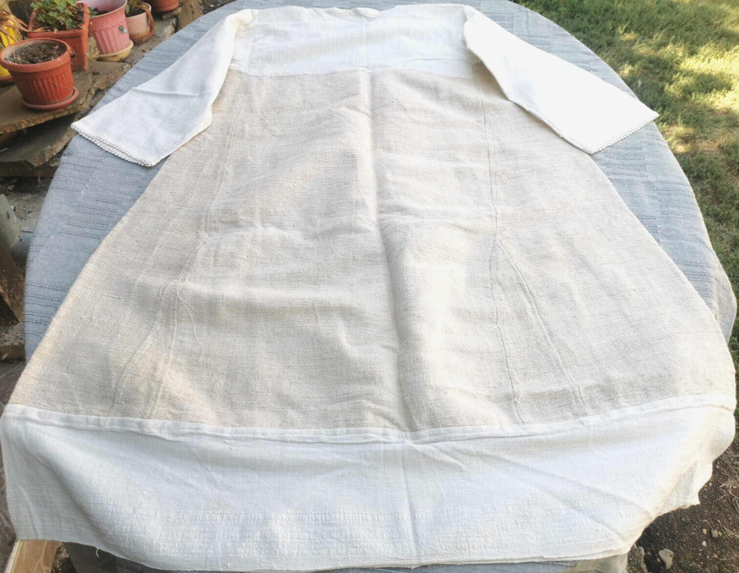 OLD PRIMITIVE WOMENs LONG WHITE SHIRT HOMESPUN FABRIC HEMP CLOTH