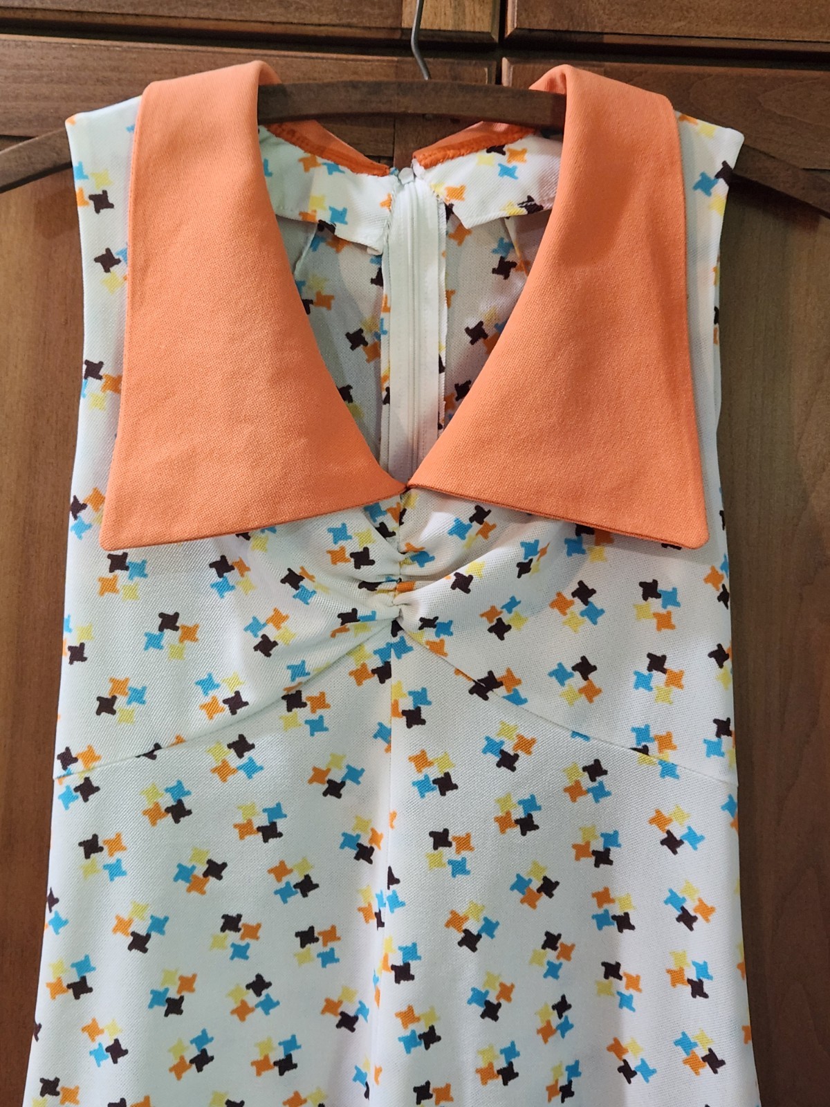 Vintage 1960’s Handmade Orange Teal White Pleated Collar Mod Dress Size Small