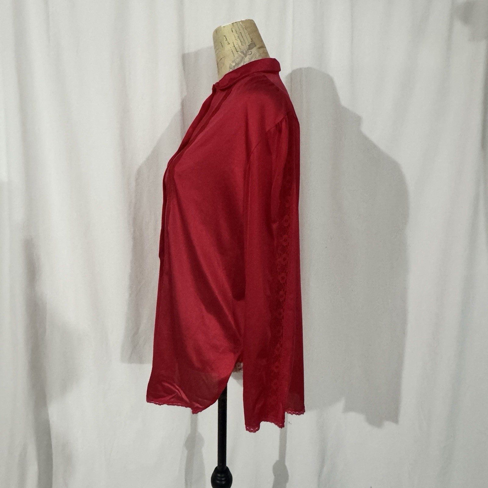VTG NANCY KING Lingerie Bed Jacket Blouse Sz M Red Lace Peter Pan Collar Sleeves