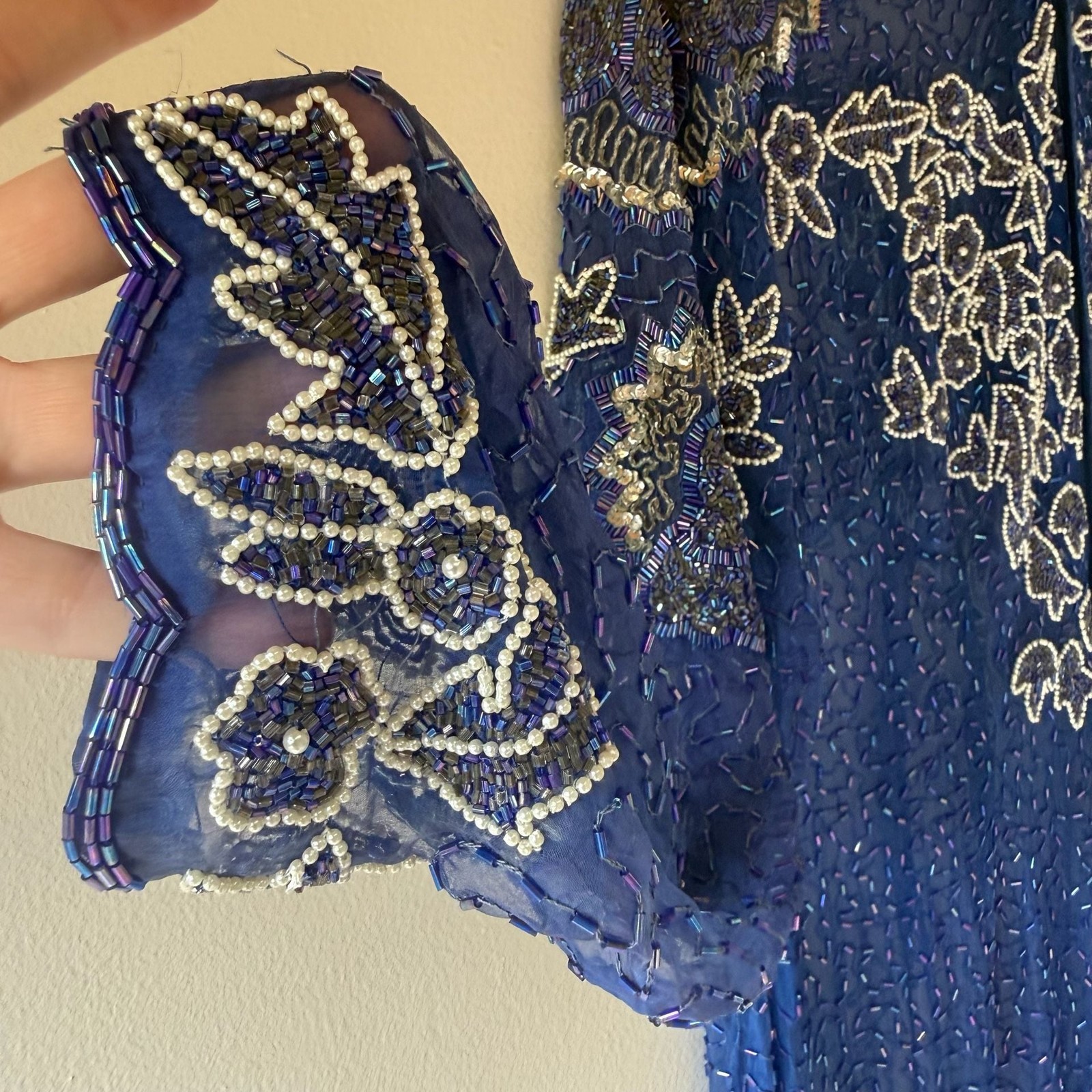 Vintage 100% Silk Beaded Evening Dress Gown Long Sleeve Royal Blue