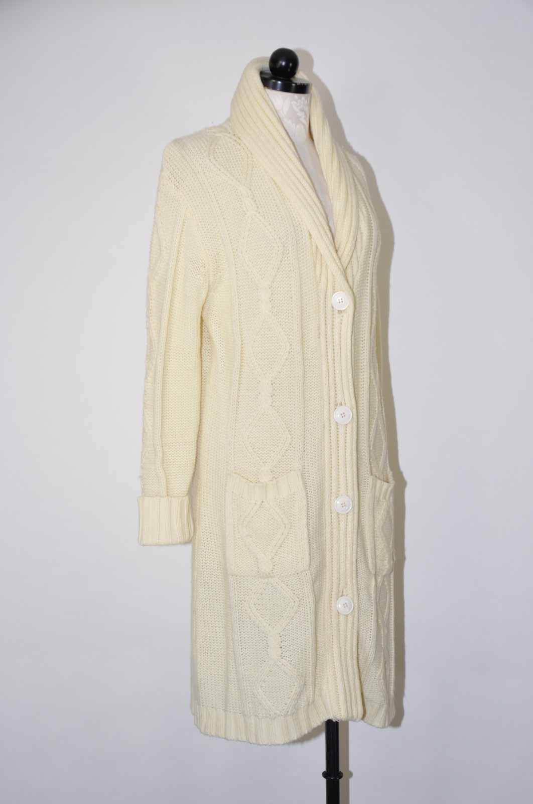 70s Cream Fisherman Cable Knit Shawl Duster Long Cardigan Sweater Coat Women M L