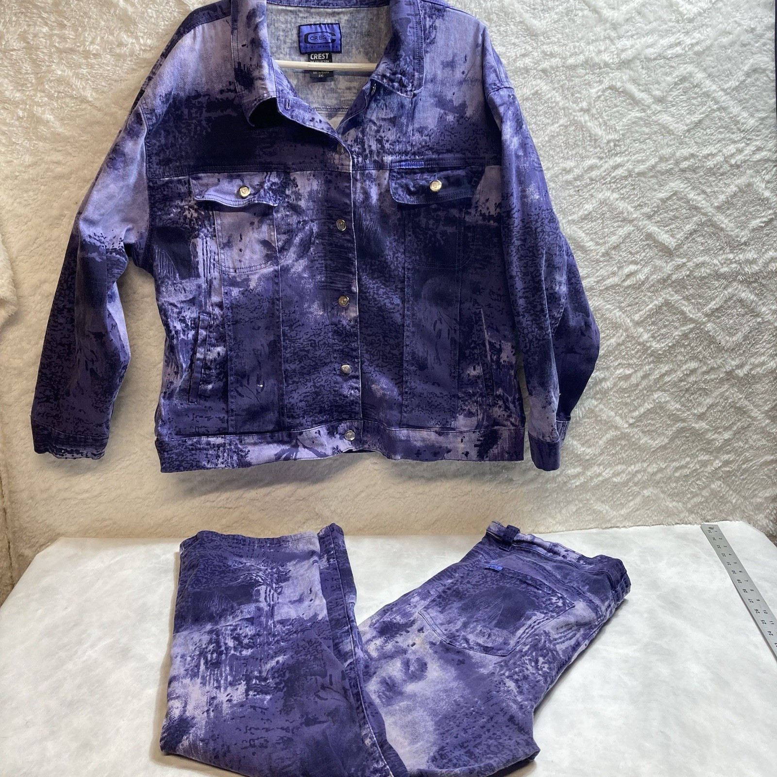 VTG Purple Crest Denim Jacket Jeans Set 90s Stretch Sz 2X -20 Acid Wash Urban