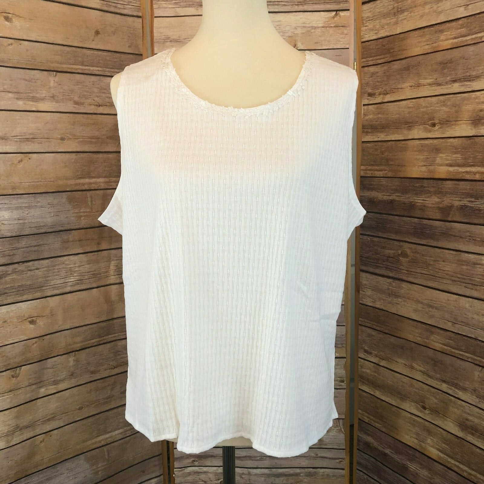 Vintage Lacy Afternoon Shell Kepler White Ribbed Sleeveless Top Size 3X Popover