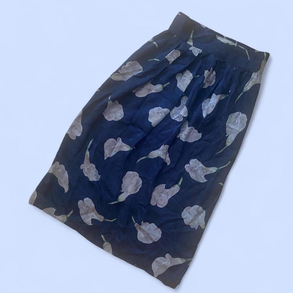 VINTAGE PURE SILK MIDI SKIRT Navy Blue W Floral 80s Twee Elegant Pretty Fairy