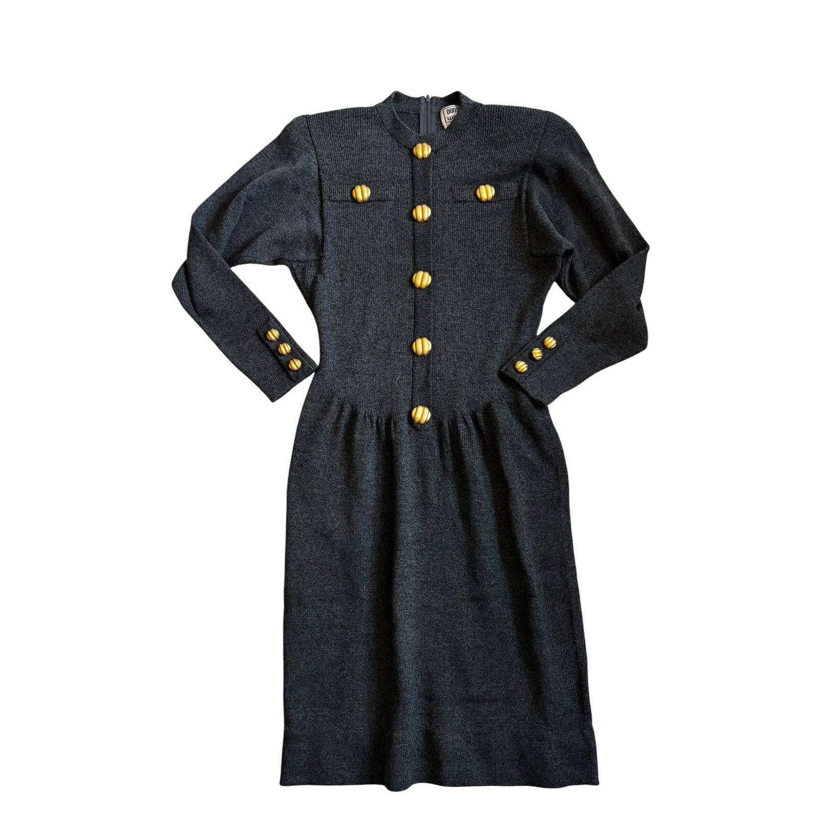 Don Sayres for Wellmore Knit Dress Small Gray Vintage Gold Button Wool Blend