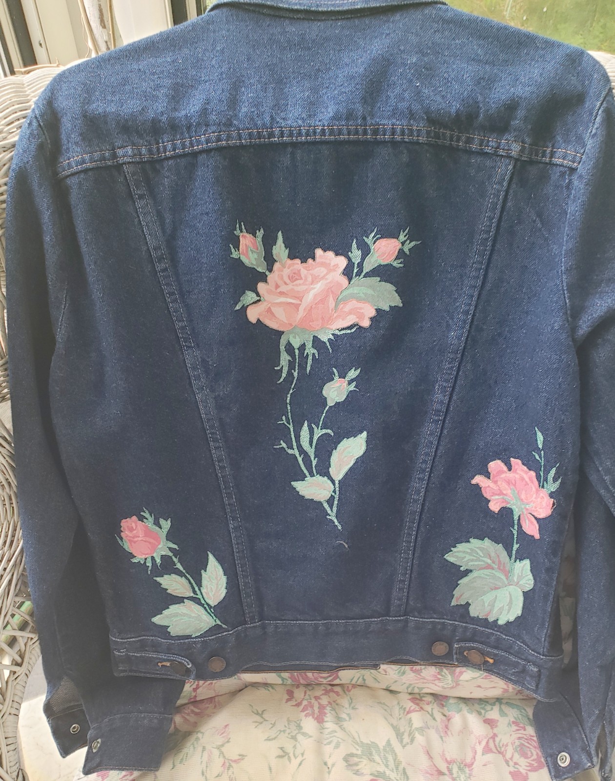 Denim Jacket Rose Appliques Awesome Prairie Chic Look