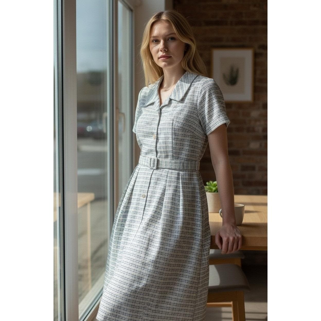 Shelton Stroller Vintage 50s Shirt Dress Belted White Blue Size 18 1/2