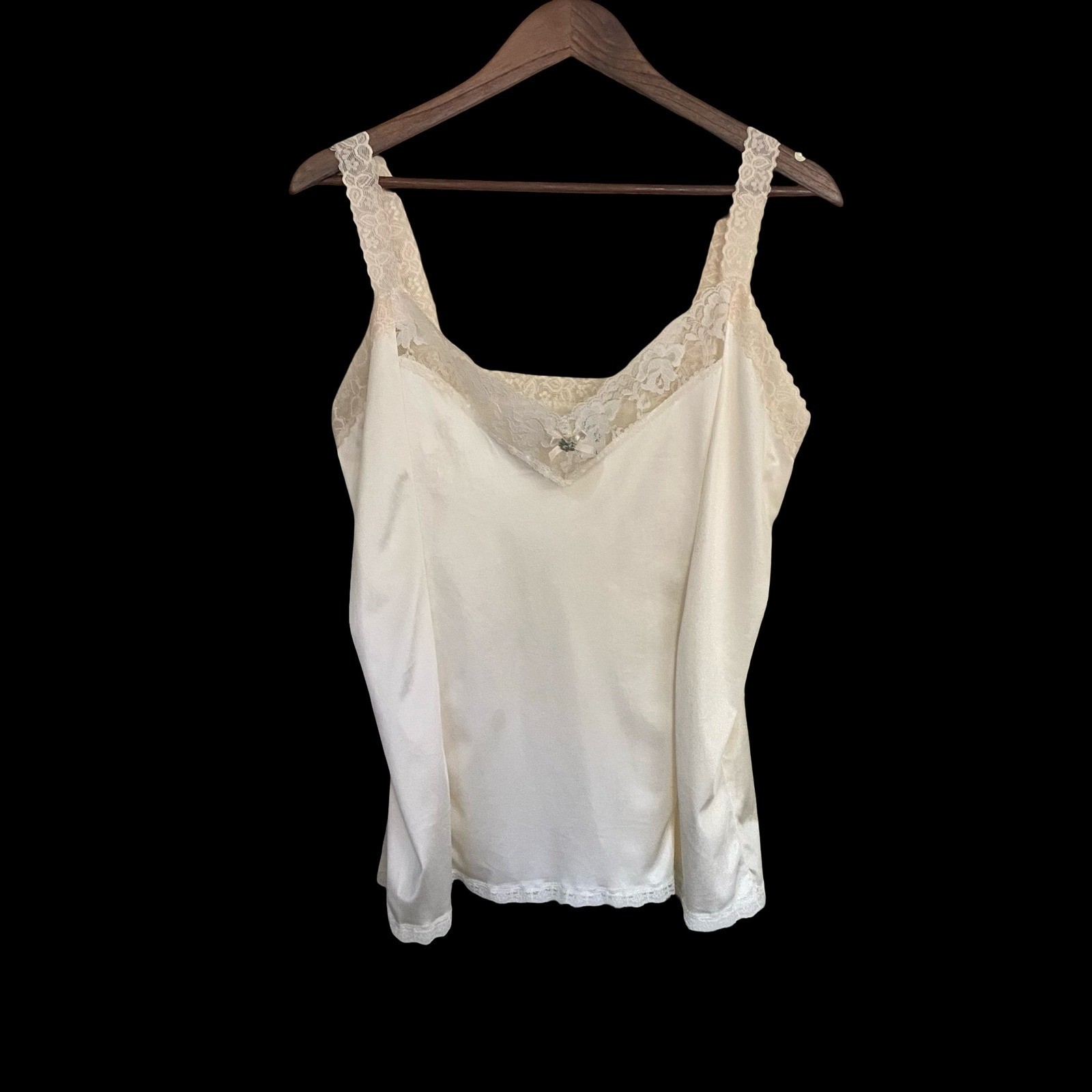 Vintage Beau Trix Ivory Lace Trim Antron III Nylon Camisole Top XL Made in USA