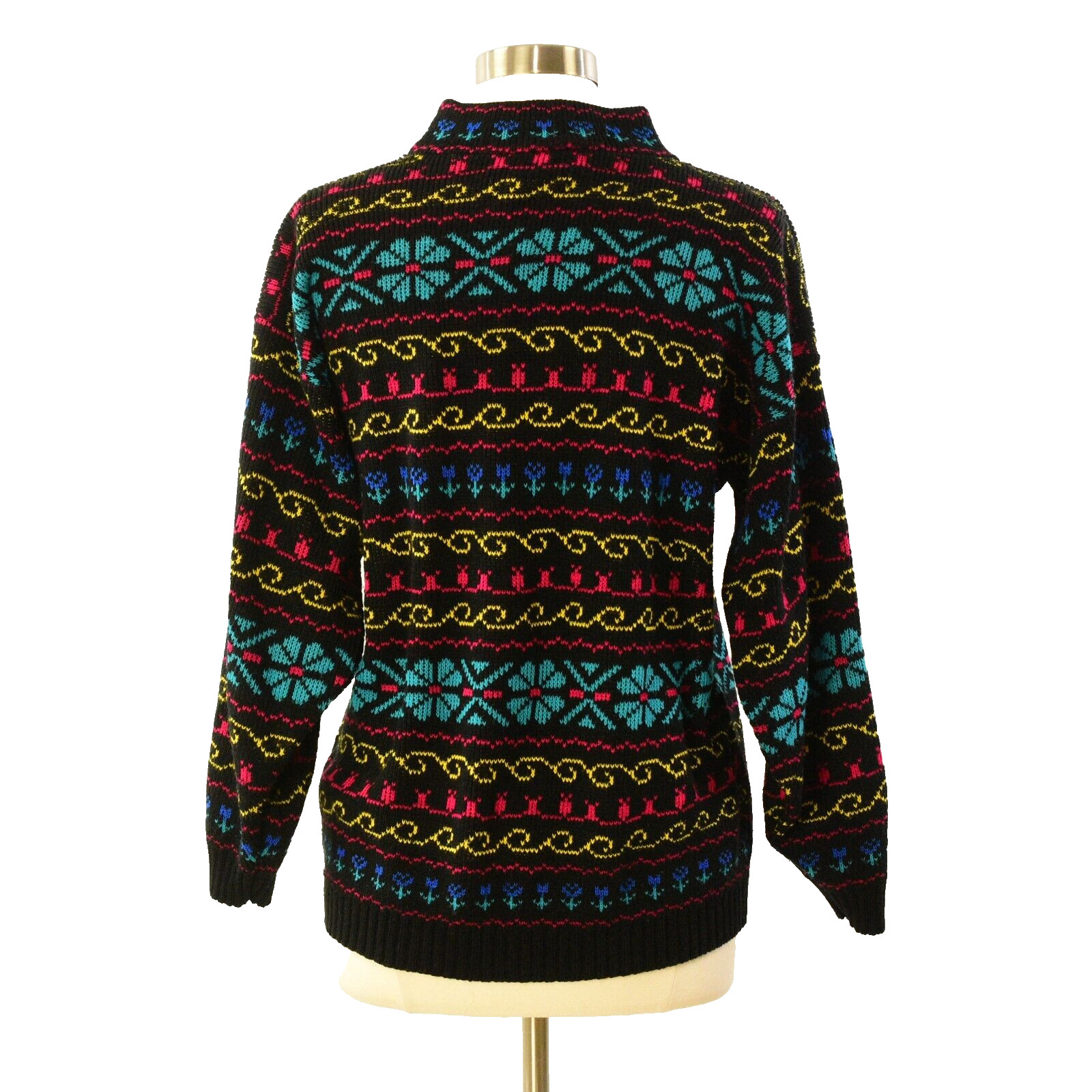 90s Vintage Tunic Sweater Funnel Neck Colorful Geometric Floral Womens Size L