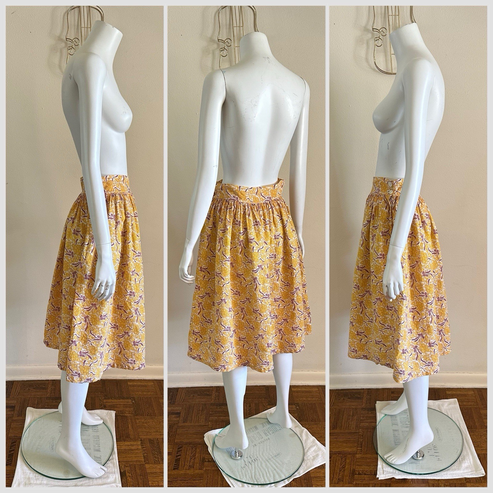 1930s 40s Feed Sack Skirt 28” Waist Yellow Floral Bows Fabric Cotton Prairie VTG