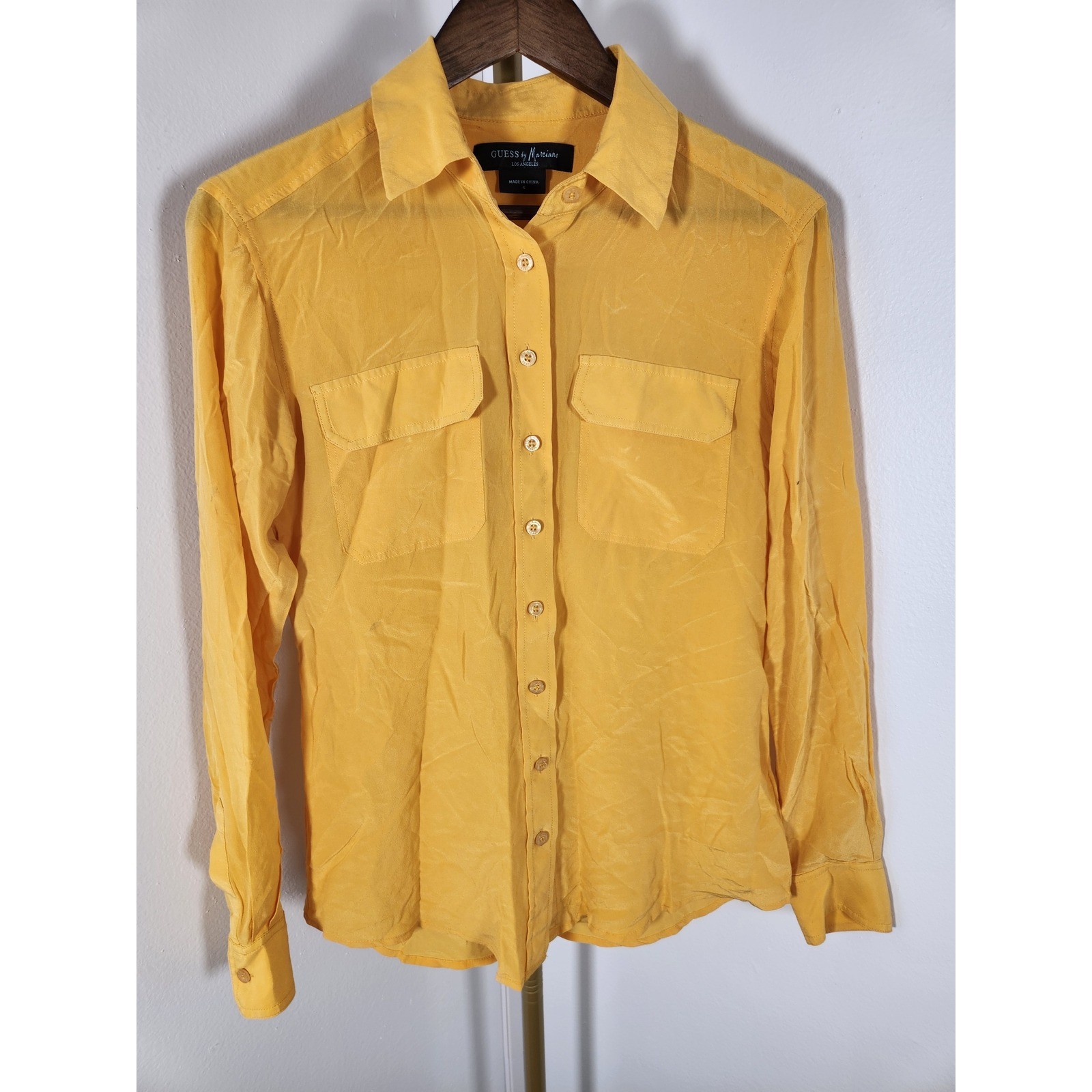 VTG Guess by Marciano Mustard Yellow Silk Long Sleeve Blouse Size Small