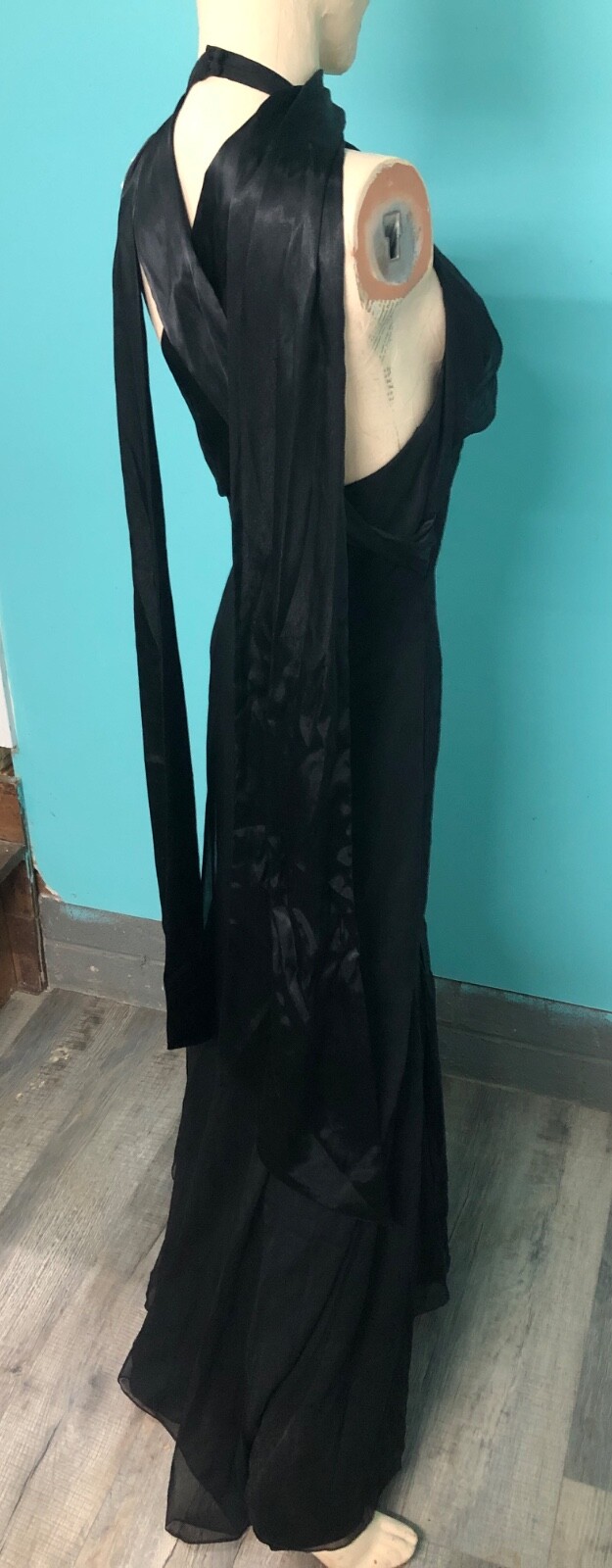 VTG Y2K WATTERS/WATTERS Black Halter Chiffon Satin Mermaid Evening Formal Gown~8