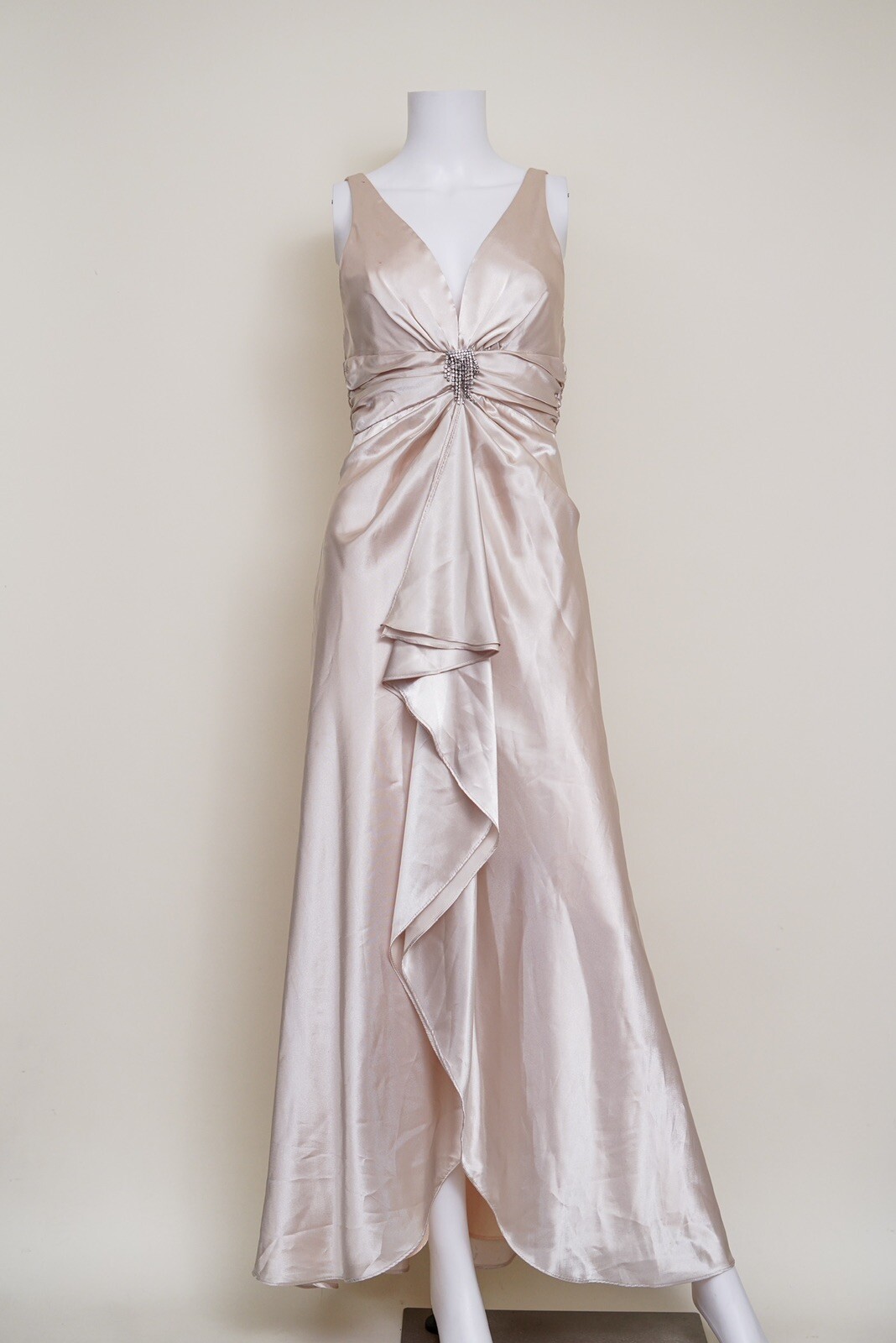 Vintage Faviana Champagne Colored Dress Size 7/8 Gold Satin Gown Diamond Accent